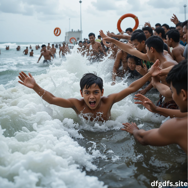 A young boy is drowning in the ocean